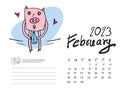 Calendar 2023 design template with Cute Pig vector illustration, February 2023 artwork, Lettering, Desk calendar 2023 layout