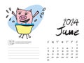 Calendar 2024 design template with Cute Pig vector illustration, June 2024, Lettering, Desk calendar 2024 layout, planner, wall