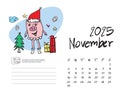 Calendar 2025 design template with Cute Pig vector illustration, November 2025, Lettering, Desk calendar 2025 layout, planner,