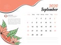 Calendar 2020 design Vector, Desk Calendar 2020 template, September, Orange flowers concept, Week Start On Sunday, Planner Royalty Free Stock Photo