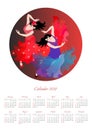 Calendar design for 2020 year with round image. Beautiful girls in long dresses dance flamenco