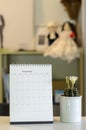 Calendar desk on table. Desktop Calender for Planner to plan wedding agenda, timetable, appointment, organization, management each