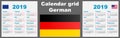 Calendar deutsche, german 2019 Set grid wall ISO 8601 Illustration template with week numbering. illustration