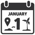 Calendar display of January 1 and location pin with palm tree symbolizing a tropical trip Royalty Free Stock Photo