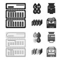 Calendar, drops of paint, cartridge, multifunction printer. Typography set collection icons in black,monochrome style