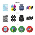 Calendar, drops of paint, cartridge, multifunction printer. Typography set collection icons in cartoon,black,flat style
