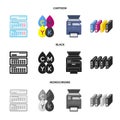 Calendar, drops of paint, cartridge, multifunction printer. Typography set collection icons in cartoon,black,monochrome