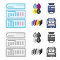 Calendar, drops of paint, cartridge, multifunction printer. Typography set collection icons in cartoon,monochrome style