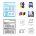Calendar, drops of paint, cartridge, multifunction printer. Typography set collection icons in cartoon,outline style