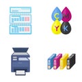 Calendar, drops of paint, cartridge, multifunction printer. Typography set collection icons in cartoon style vector