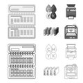 Calendar, drops of paint, cartridge, multifunction printer. Typography set collection icons in outline,monochrome style