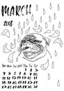 Calendar with dry brush lettering. March 2018. Dog is in the spring rain. Cute pug portrait. Vector illustration. Royalty Free Stock Photo