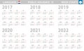 Calendar in Dutch language for year 2017, 2018, 2019, 2020, 2021, 2022. Week starts from Monday Royalty Free Stock Photo