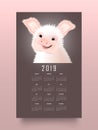 Calendar with the eastern symbol of 2019 the Pig. Happy smiling piggy vector illustartion