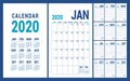 Calendar 2020. English calender template. Vector grid. Office business planning. Creative design. Blue color Royalty Free Stock Photo