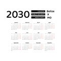 Calendar 2030 English language with Belize public holidays. Royalty Free Stock Photo