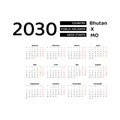Calendar 2030 English language with Bhutan public holidays. Royalty Free Stock Photo