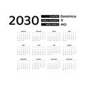 Calendar 2030 English language with Dominica public holidays. Royalty Free Stock Photo