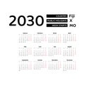 Calendar 2030 English language with Fiji public holidays. Royalty Free Stock Photo
