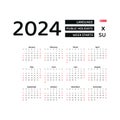 Calendar 2024 English language with Singapore public holidays. Week starts from Sunday.