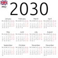 Calendar 2030, English, Monday Royalty Free Stock Photo