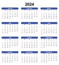 2024 calendar, english, vertical. Simplevector illustration