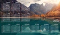 Calendar 2018 in English. Week starts on sunday. Italian panorama. Dolomites. Lake Landro