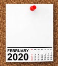Calendar February 2020 on Blank Note Paper. 3d Rendering