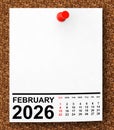 Calendar February 2026 on Blank Note Paper. 3d Rendering Royalty Free Stock Photo