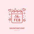 Calendar with february 14 date flat line icon, romantic relationship. Valentines day greeting sign Royalty Free Stock Photo
