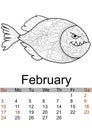 Calendar February month 2019. Antistress coloring red bellied piranha, sea animal, fish. Vector