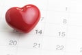 Calendar 14 February with red heart shape using as Valentines da