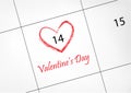 Calendar with 14 february Valentines day date circled in red heart shape, vector illustration