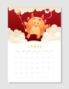 Calendar 2021 A4 format on April, month planner. Cute wealth bull, cheerful ox hold calligraphy brush among clouds