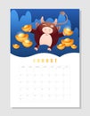 Calendar 2021 A4 format on August, month planner. Cute wealth bull, cheerful ox hold gold ingot against the mountains