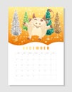 Calendar 2021 A4 format on December, month planner. Cute wealth bull, cheerful ox with colorful christmas tree and lights. Lunar