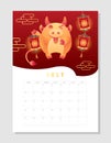 Calendar 2021 A4 format on July, month planner. Cute wealth bull, cheerful ox hold red lights, lanterns, among gold