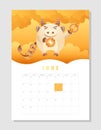 Calendar 2021 A4 format on June, month planner. Cute wealth bull, cheerful ox hold gold coins or yuan money among clouds