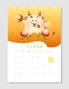 Calendar 2021 A4 format on March, month planner. Funny cow, zodiac mascot of 2021. Cute wealth bull, cheerful ox hold