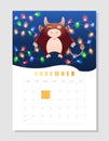 Calendar 2021 A4 format on November, month planner. Cute wealth bull, cheerful ox with colorful garlands or lights. Lunar symbol