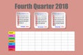 Calendar for the fourth quarter of 2018 year with the weekly sch