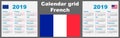 Calendar french france 2019. Set grid wall ISO 8601 Illustration template with week numbering