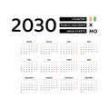 Calendar 2030 French language with Ivory Coast public holidays. Royalty Free Stock Photo