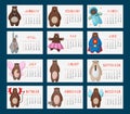 Calendar 2016 with funny cartoon hipster bears