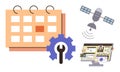 Calendar, Gear, Satellite, and Computer Screen Representing Scheduling and Digital Connectivity Royalty Free Stock Photo