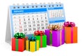 Calendar with gift boxes, 3D rendering Royalty Free Stock Photo