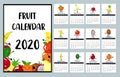 Calendar 2020. Glider for children. Fruit calendar. Funny characters. It can be used for printing