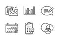 Calendar graph, Column chart and Accounting report icons set. Message, Checklist and Euler diagram signs. Vector