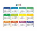 Calendar grid 2026 colorful vector Simple layout of pocket Royalty Free Stock Photo
