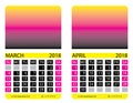 Calendar grid. March, April